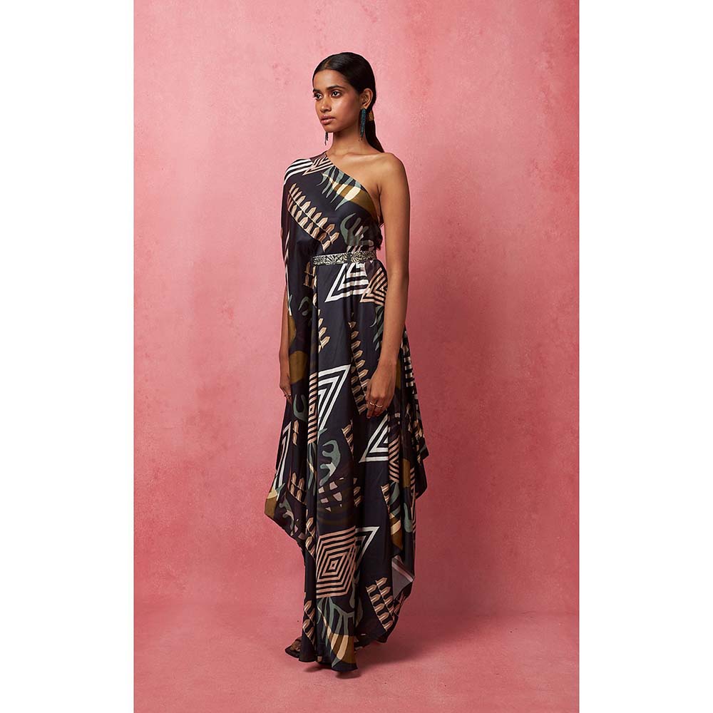 Vedika M Multi-Color One Shoulder Drape Maxi Dress (Set of 2)