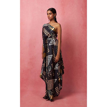 Vedika M Multi-Color One Shoulder Drape Maxi Dress (Set of 2)