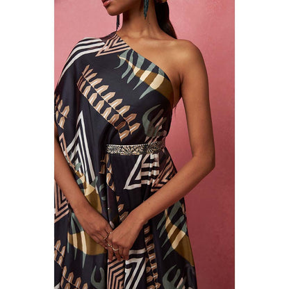 Vedika M Multi-Color One Shoulder Drape Maxi Dress (Set of 2)