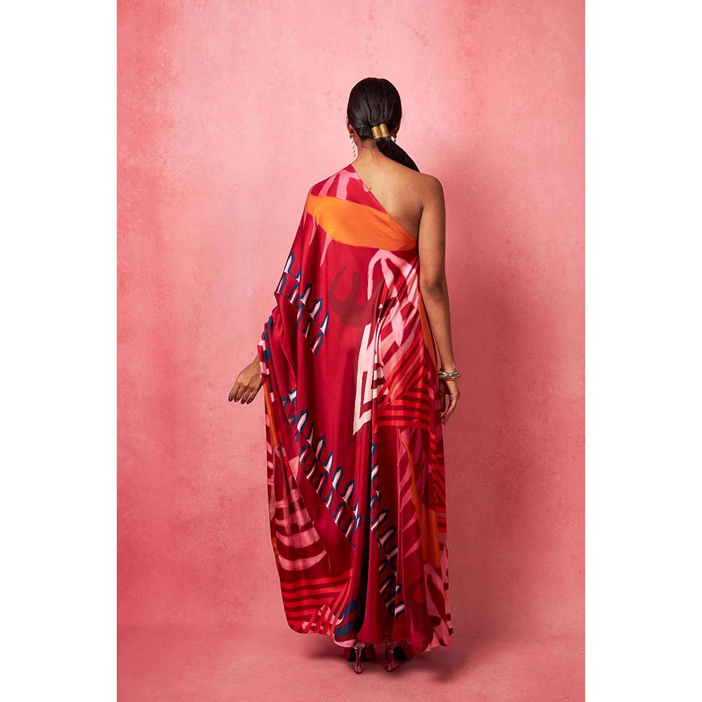 Vedika M Multi-Color One Shoulder Drape Maxi Dress