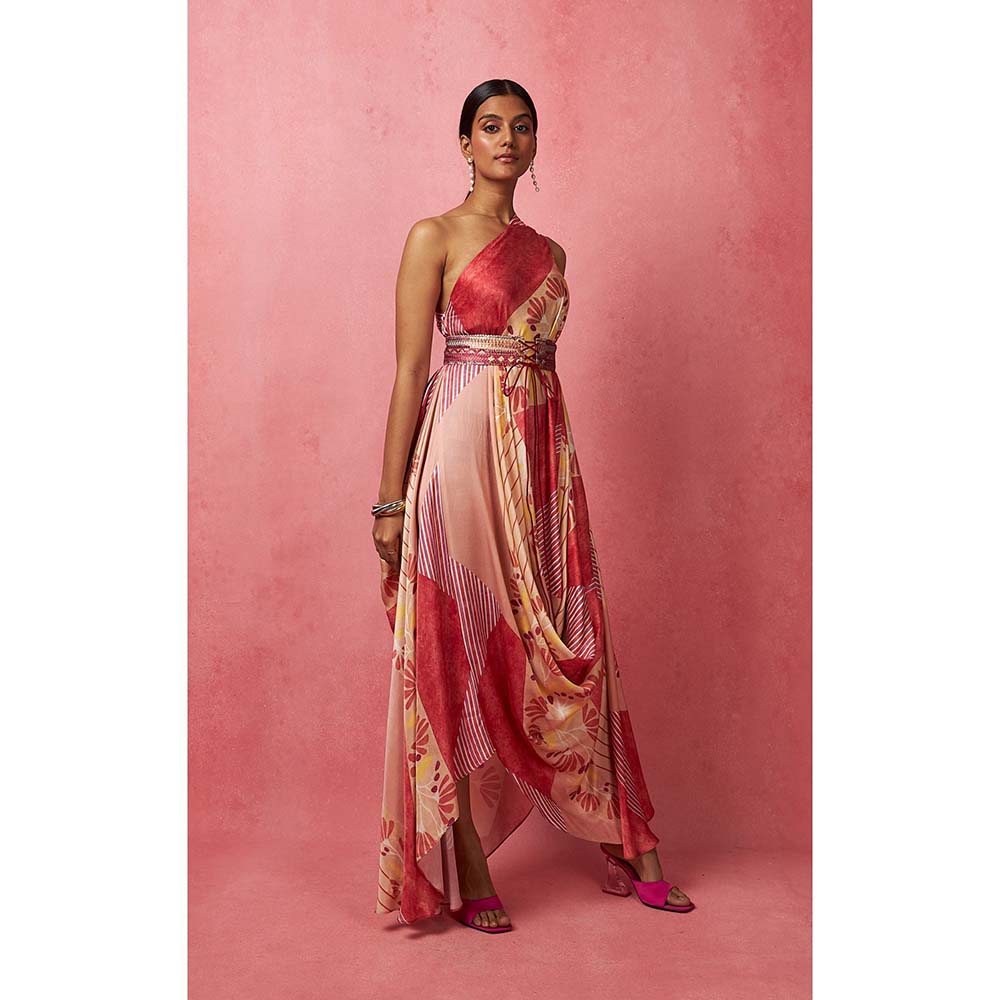 Vedika M Multi-Color One Shoulder Drape Maxi Dress (Set of 2)