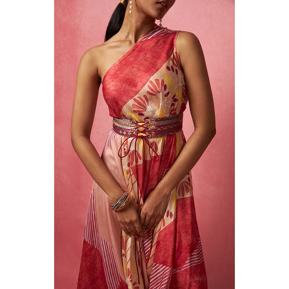 Vedika M Multi-Color One Shoulder Drape Maxi Dress (Set of 2)