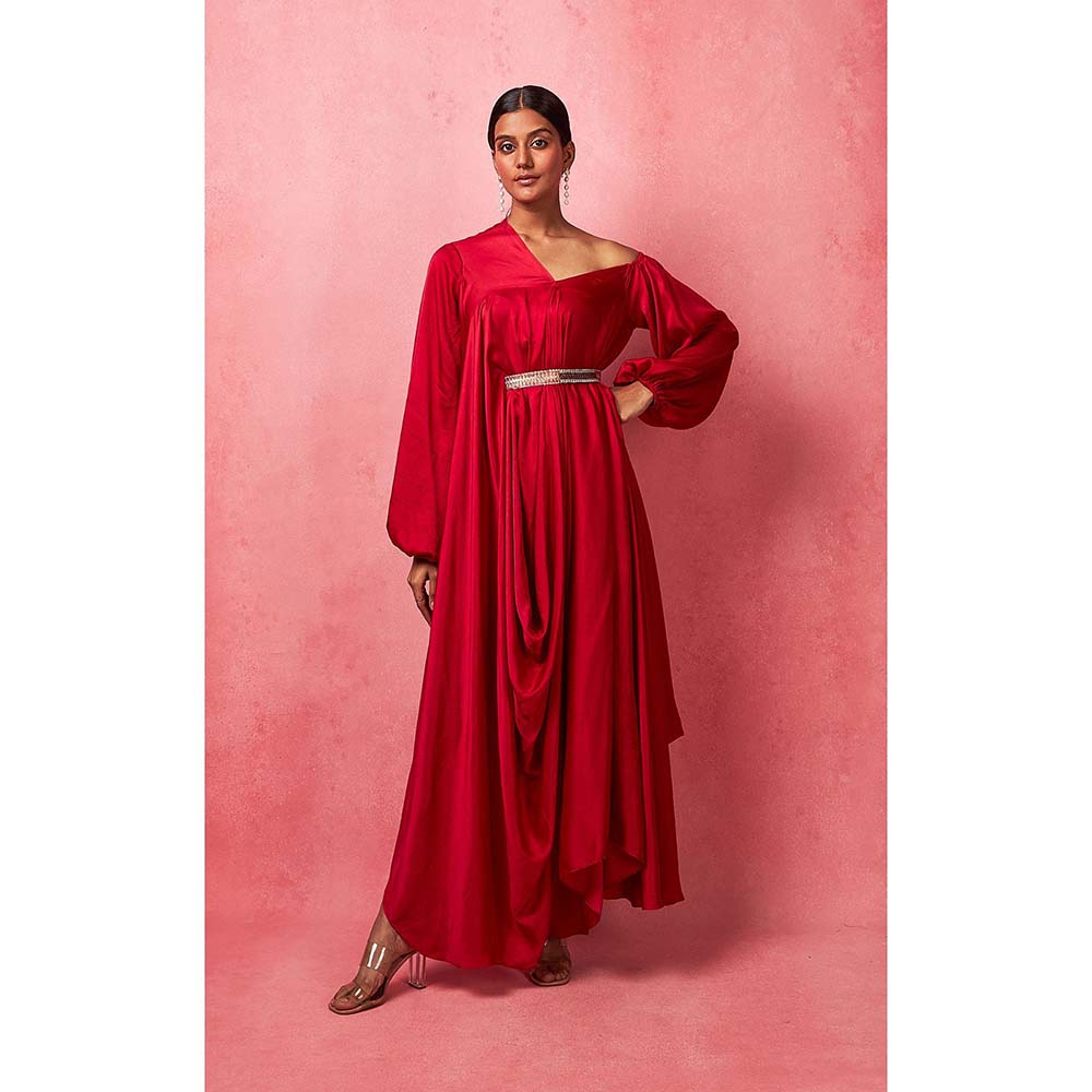 Vedika M Solid Red Asymmetric Drape Maxi Dress (Set of 2)