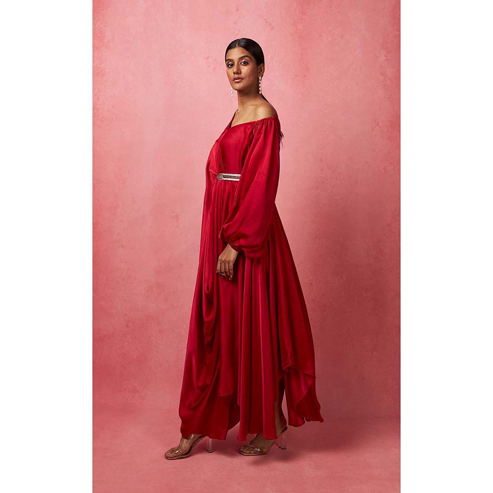 Vedika M Solid Red Asymmetric Drape Maxi Dress (Set of 2)