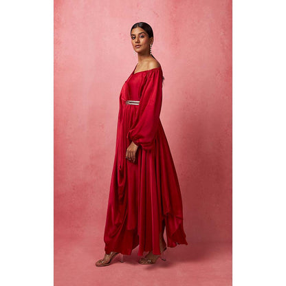 Vedika M Solid Red Asymmetric Drape Maxi Dress (Set of 2)