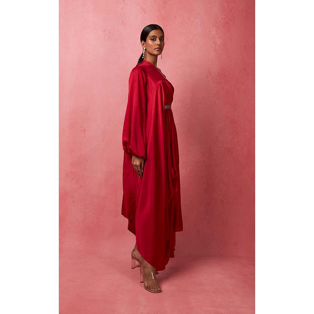 Vedika M Solid Red Asymmetric Drape Maxi Dress (Set of 2)