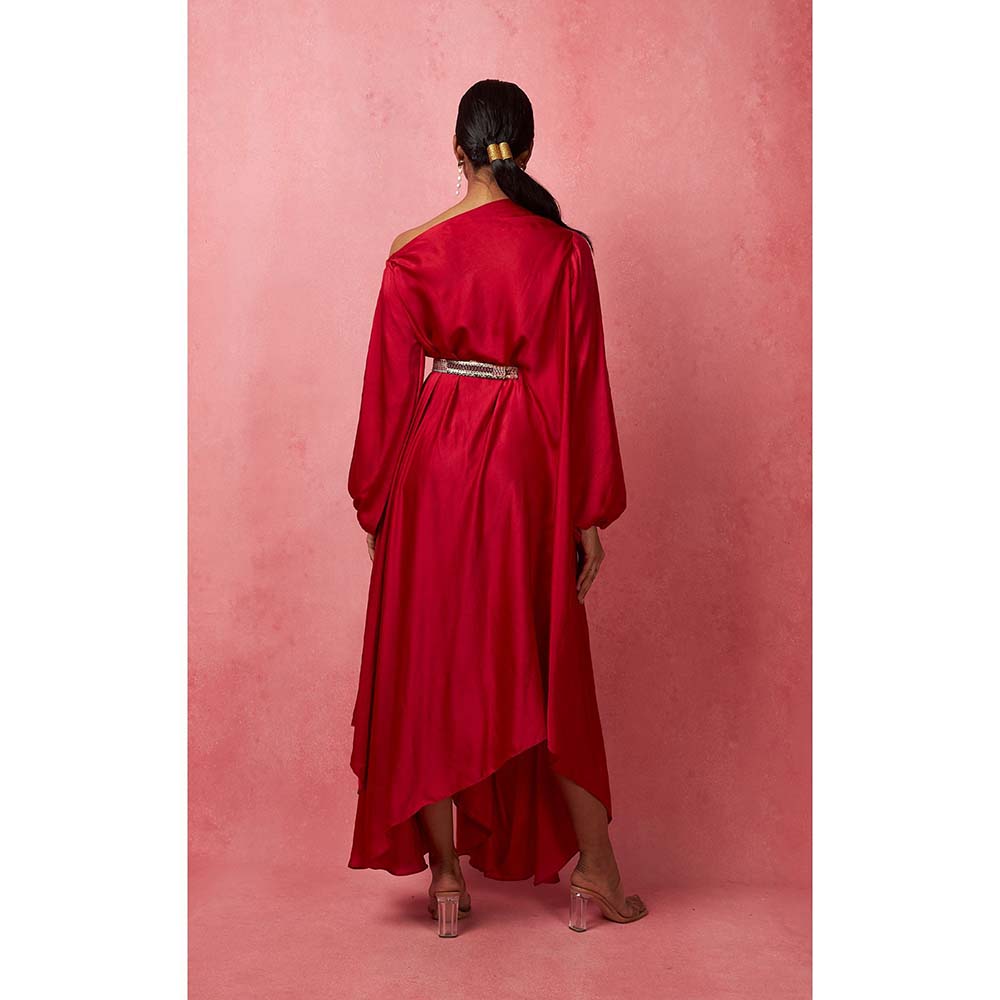Vedika M Solid Red Asymmetric Drape Maxi Dress (Set of 2)