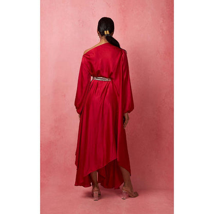 Vedika M Solid Red Asymmetric Drape Maxi Dress (Set of 2)