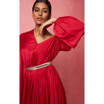 Vedika M Solid Red Asymmetric Drape Maxi Dress (Set of 2)
