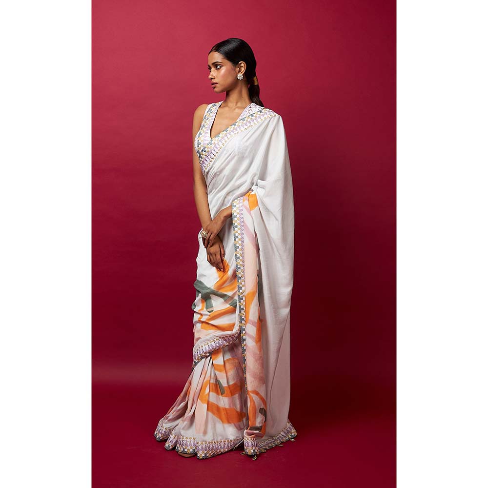 Vedika M White Saree with Stitched Blouse