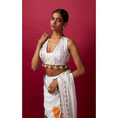 Vedika M White Saree with Stitched Blouse