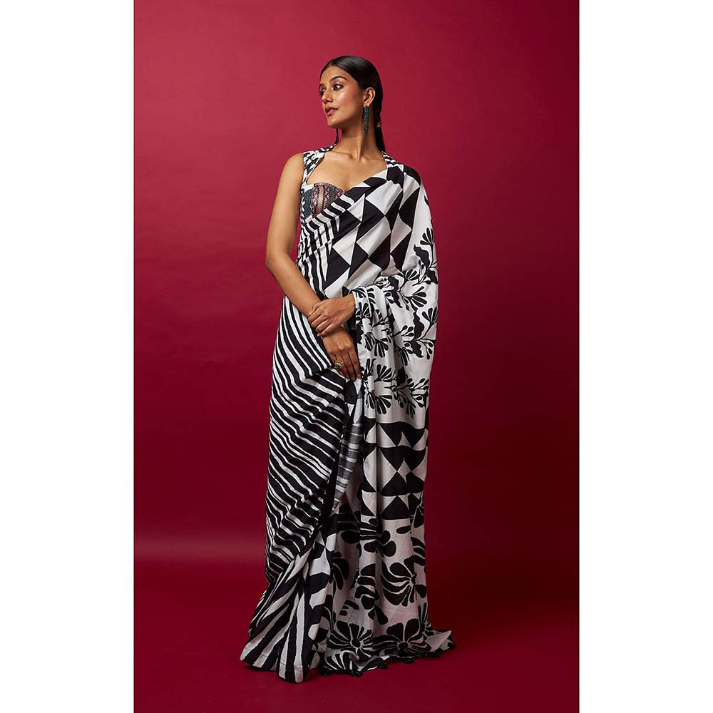 Vedika M Black & White Saree with Stitched Blouse