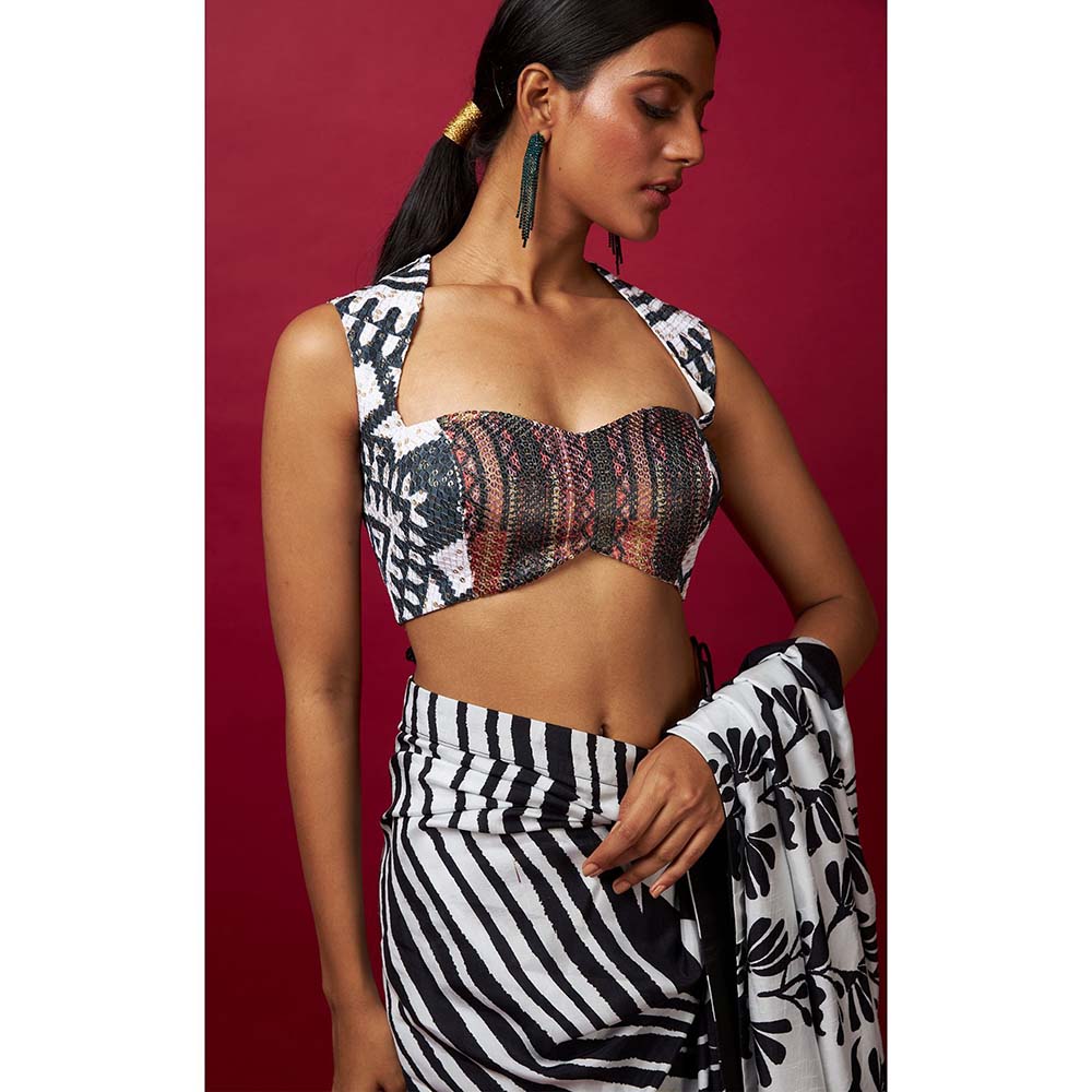 Vedika M Black & White Saree with Stitched Blouse