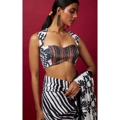 Vedika M Black & White Saree with Stitched Blouse