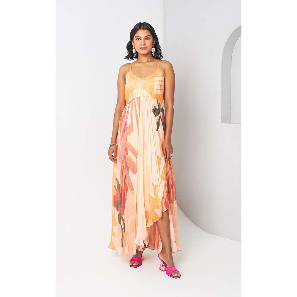 Vedika M Peach Floral Printed Flowy Strap Dress