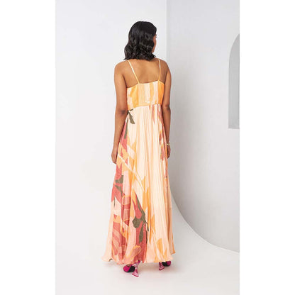 Vedika M Peach Floral Printed Flowy Strap Dress