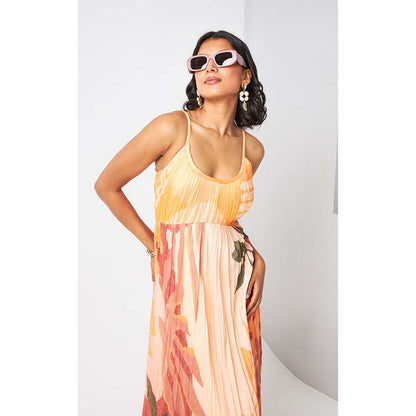 Vedika M Peach Floral Printed Flowy Strap Dress