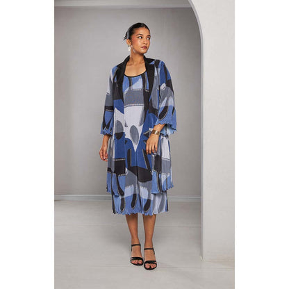 Vedika M Micro Pleated Blue Printed Dress with Jacket (Set of 2)