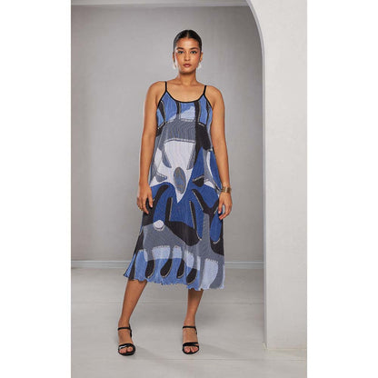 Vedika M Micro Pleated Blue Printed Dress with Jacket (Set of 2)
