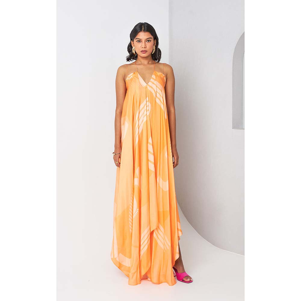 Vedika M Orange Printed Drape Dress
