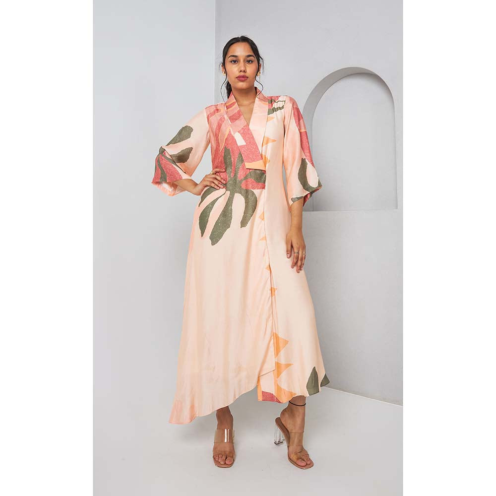 Vedika M Peach Floral Printed Overlapped Dress