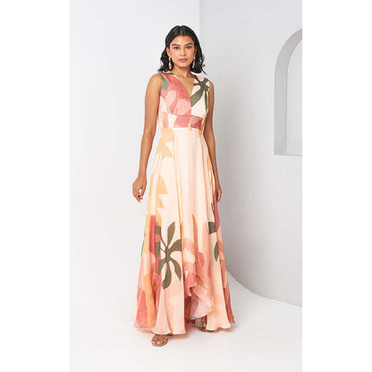 Vedika M Peach Floral Printed Long Dress