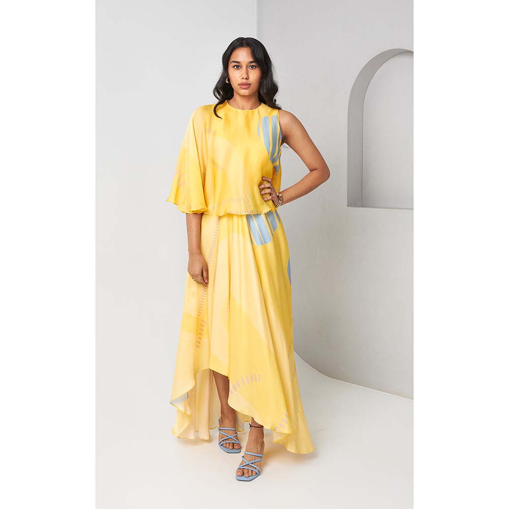 Vedika M Printed Yellow Cape Dress