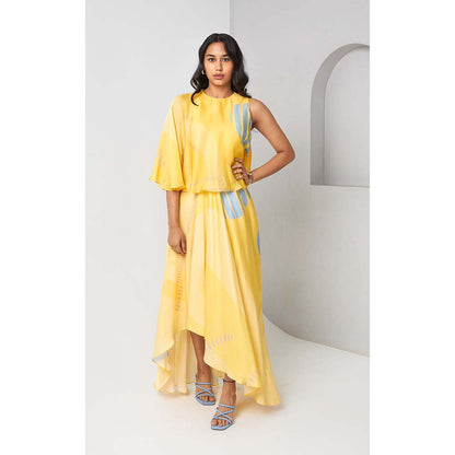 Vedika M Printed Yellow Cape Dress
