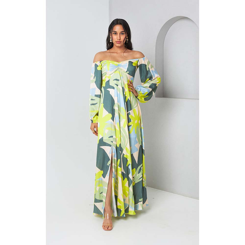 Vedika M Green Printed Off Shoulder Dress