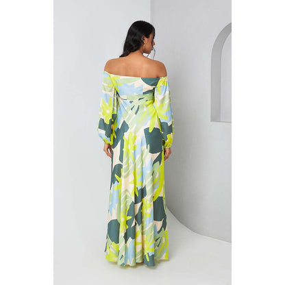 Vedika M Green Printed Off Shoulder Dress