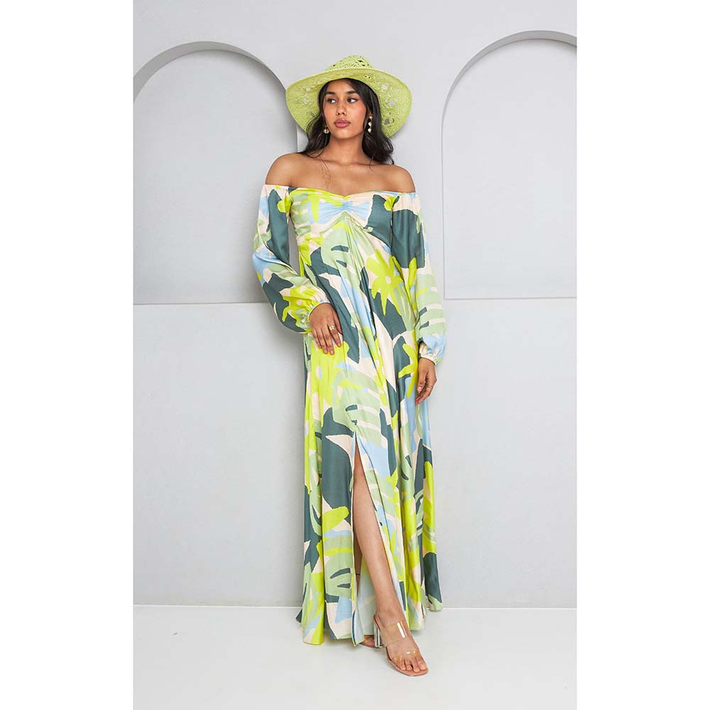 Vedika M Green Printed Off Shoulder Dress