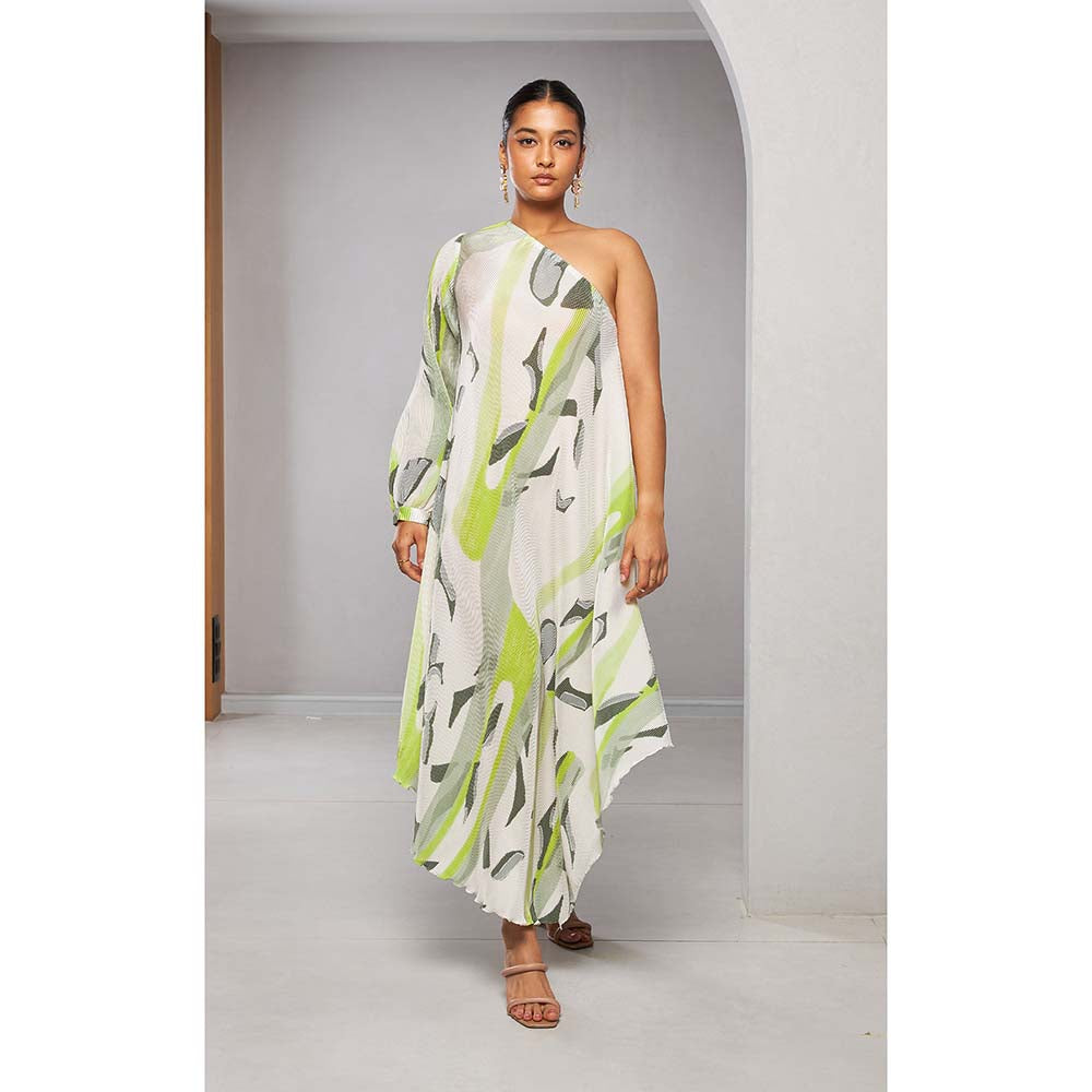 Vedika M Green Micro Pleated One Shoulder Flowy Drape Dress