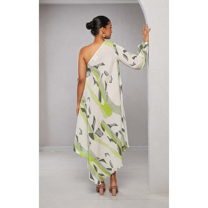 Vedika M Green Micro Pleated One Shoulder Flowy Drape Dress