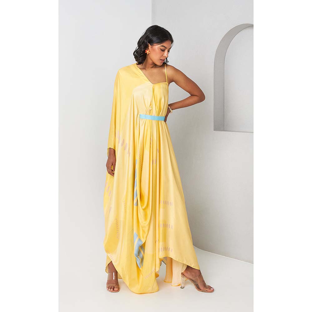 Vedika M Yellow Asymmetric Drape Dress with Belt (Set of 2)