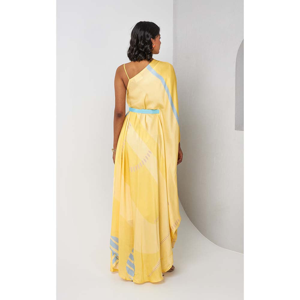 Vedika M Yellow Asymmetric Drape Dress with Belt (Set of 2)