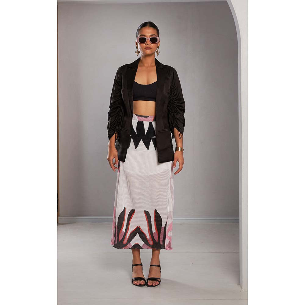 Vedika M Black Printed Blazer with Bustier and Skirt (Set of 3)