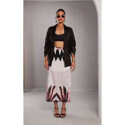 Vedika M Black Printed Blazer with Bustier and Skirt (Set of 3)