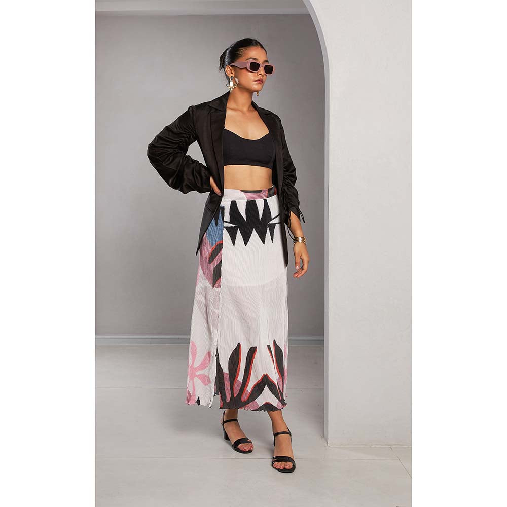 Vedika M Black Printed Blazer with Bustier and Skirt (Set of 3)