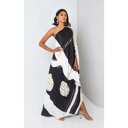 Vedika M Black Printed One Shoulder Drape Dress