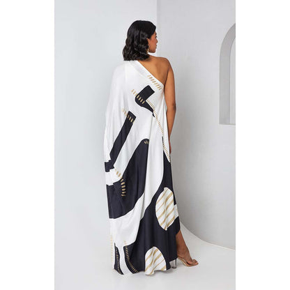 Vedika M Black Printed One Shoulder Drape Dress