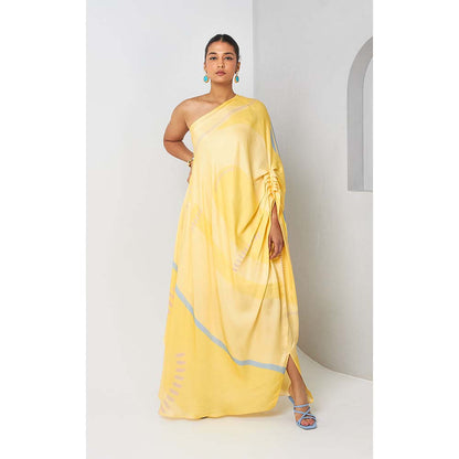 Vedika M Yellow Printed One Shoulder Drape Dress