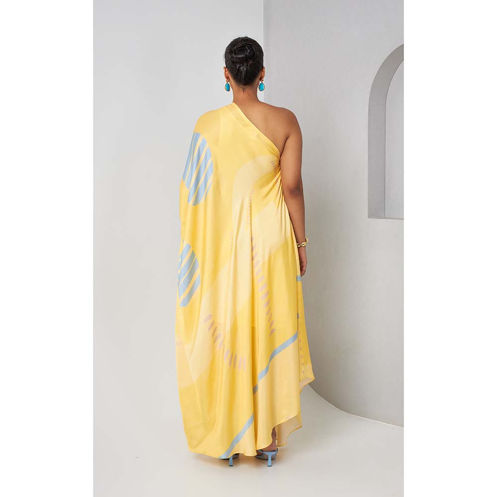 Vedika M Yellow Printed One Shoulder Drape Dress