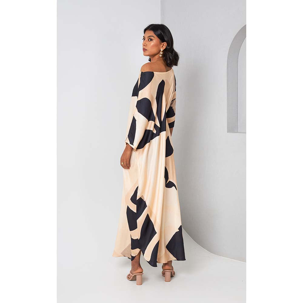 Vedika M Beige Printed Drop Shoulder Drape Dress with Belt (Set of 2)