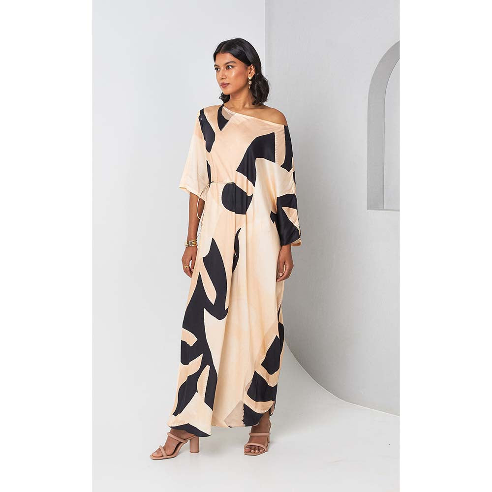 Vedika M Beige Printed Drop Shoulder Drape Dress with Belt (Set of 2)