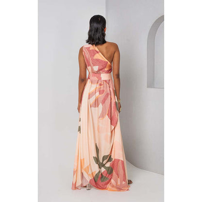 Vedika M Peach Floral Printed Asymmetric One Shoulder Drape Dress with Corset Belt (Set of 2)