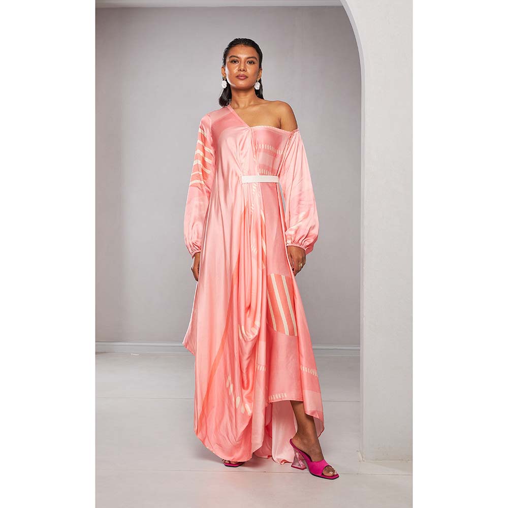 Vedika M Pink Printed Asymmetric Style Drape Dress with Belt (Set of 2)