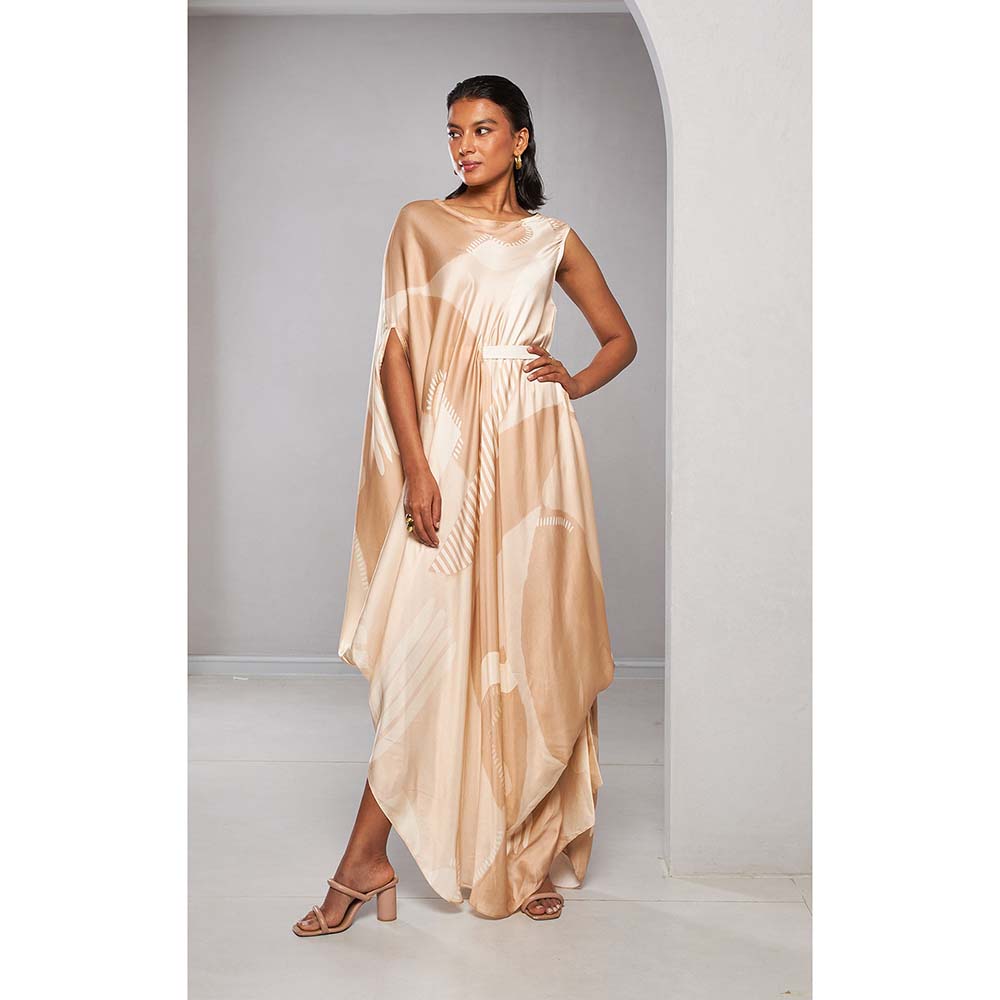 Vedika M Shades Of Beige Printed Dress with Belt (Set of 2)