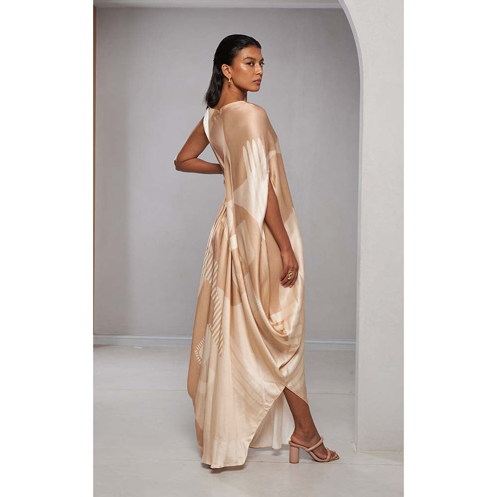 Vedika M Shades Of Beige Printed Dress with Belt (Set of 2)