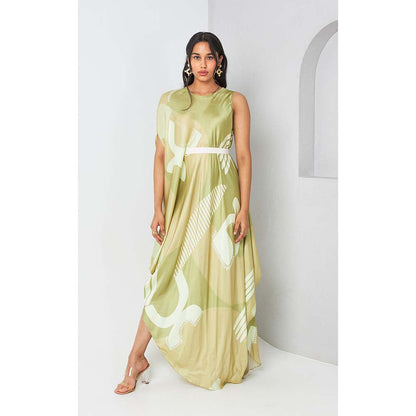 Vedika M Green Printed Drape Dress with Belt (Set of 2)