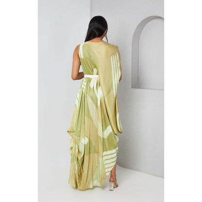 Vedika M Green Printed Drape Dress with Belt (Set of 2)